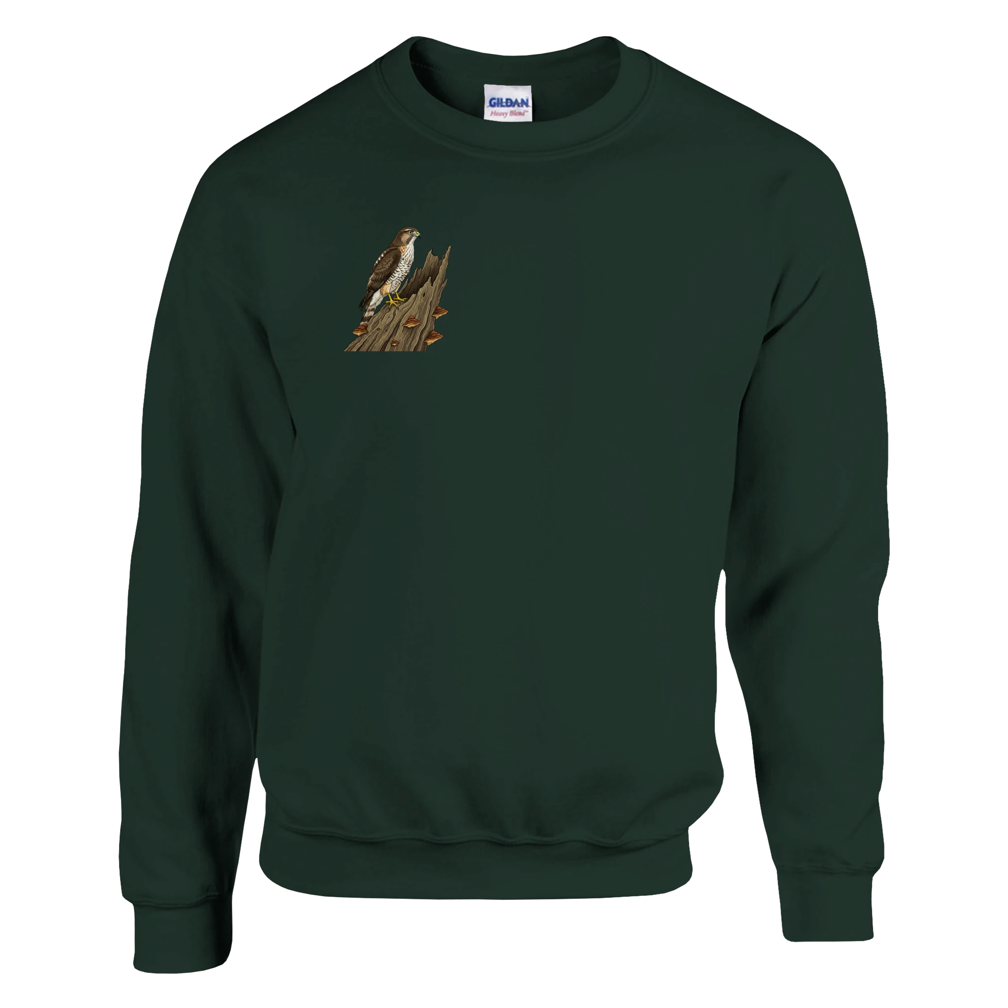 Forest Green Habicht Pullover Gildan® 18000, Motiv Habicht auf altem Baumstamm klein auf der Brust rechts