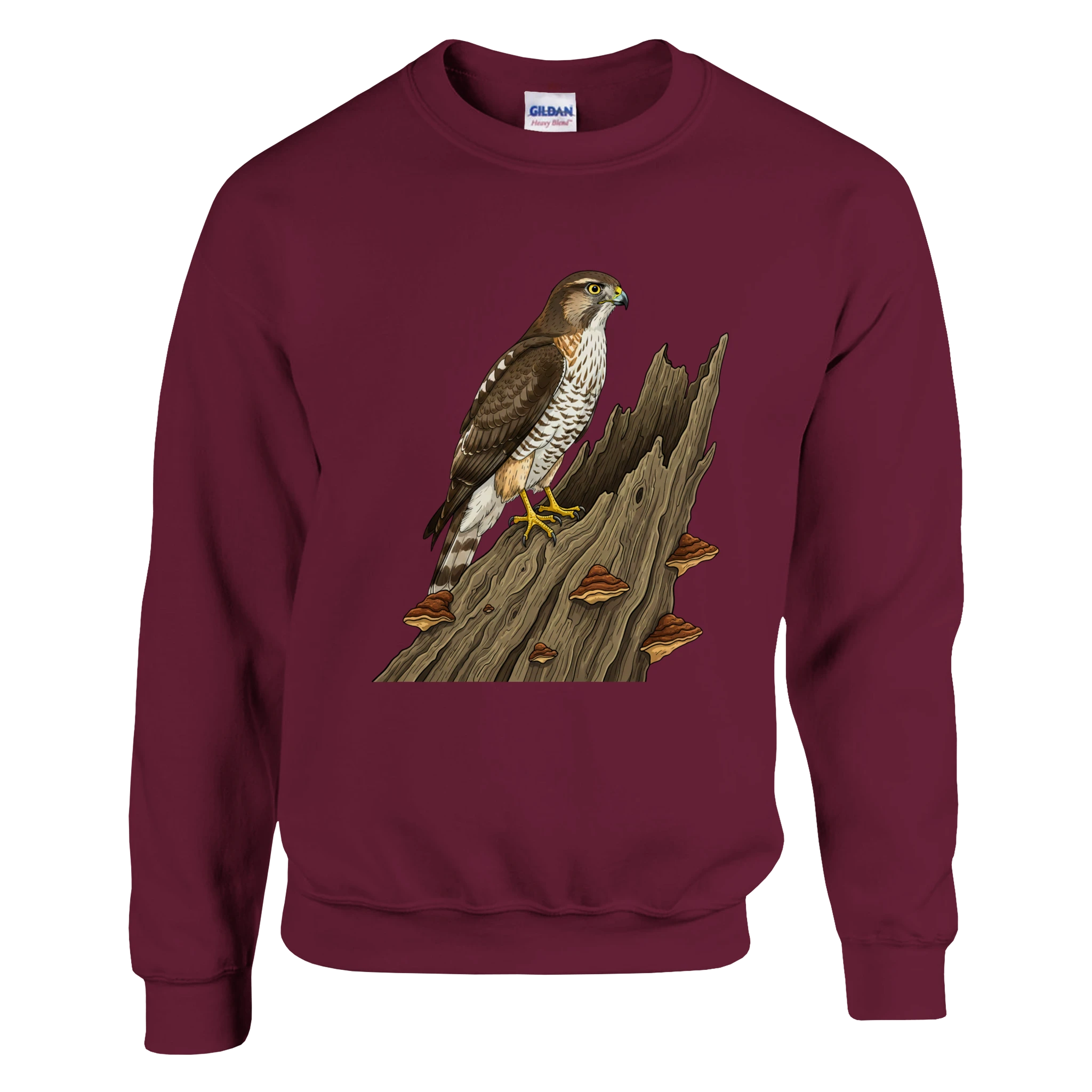 Kastanienbraun Habicht Pullover Gildan® 18000, Motiv Habicht auf altem Baumstamm groß mittig vorne