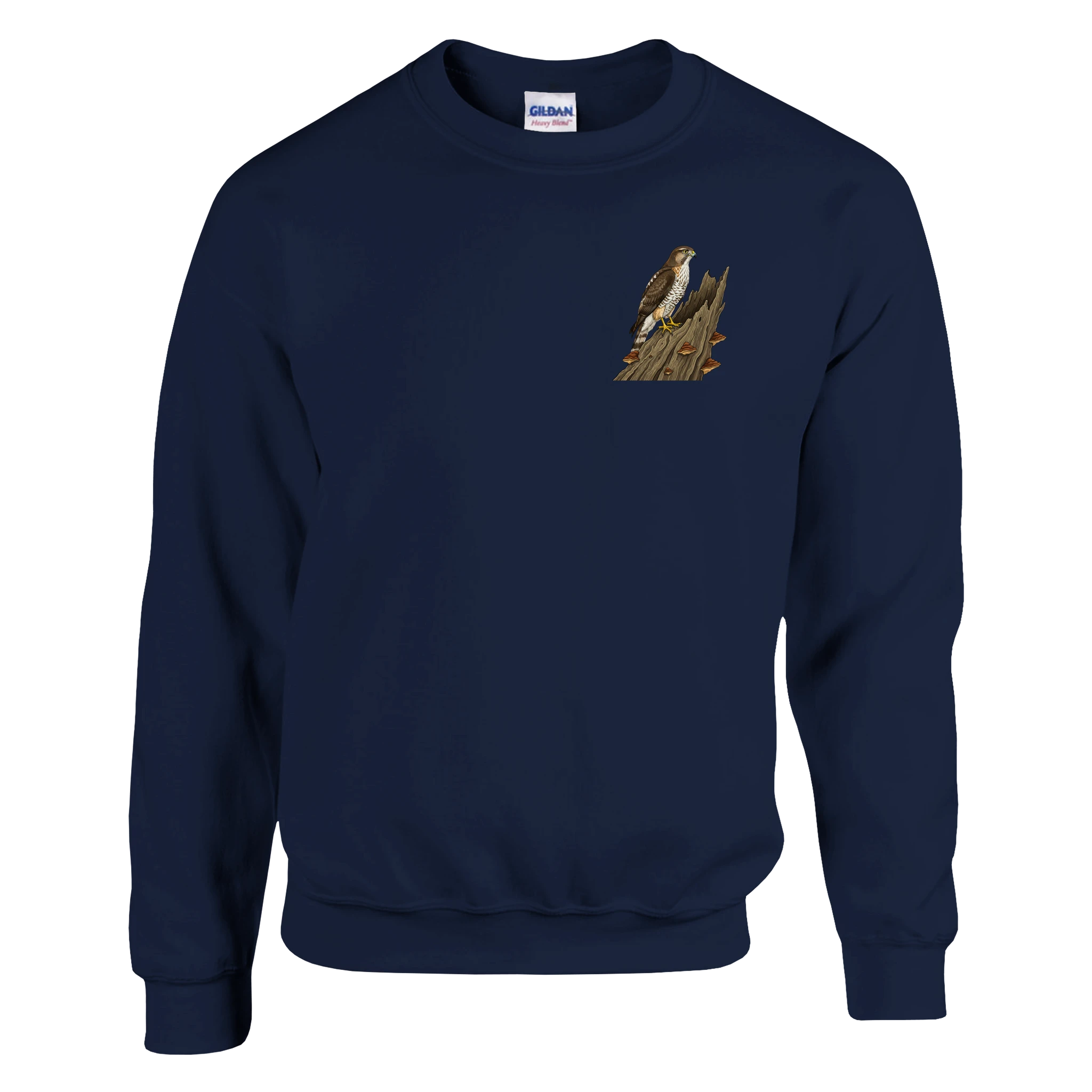 Marine Habicht Pullover Gildan® 18000, Motiv Habicht auf altem Baumstamm klein auf der Brust links