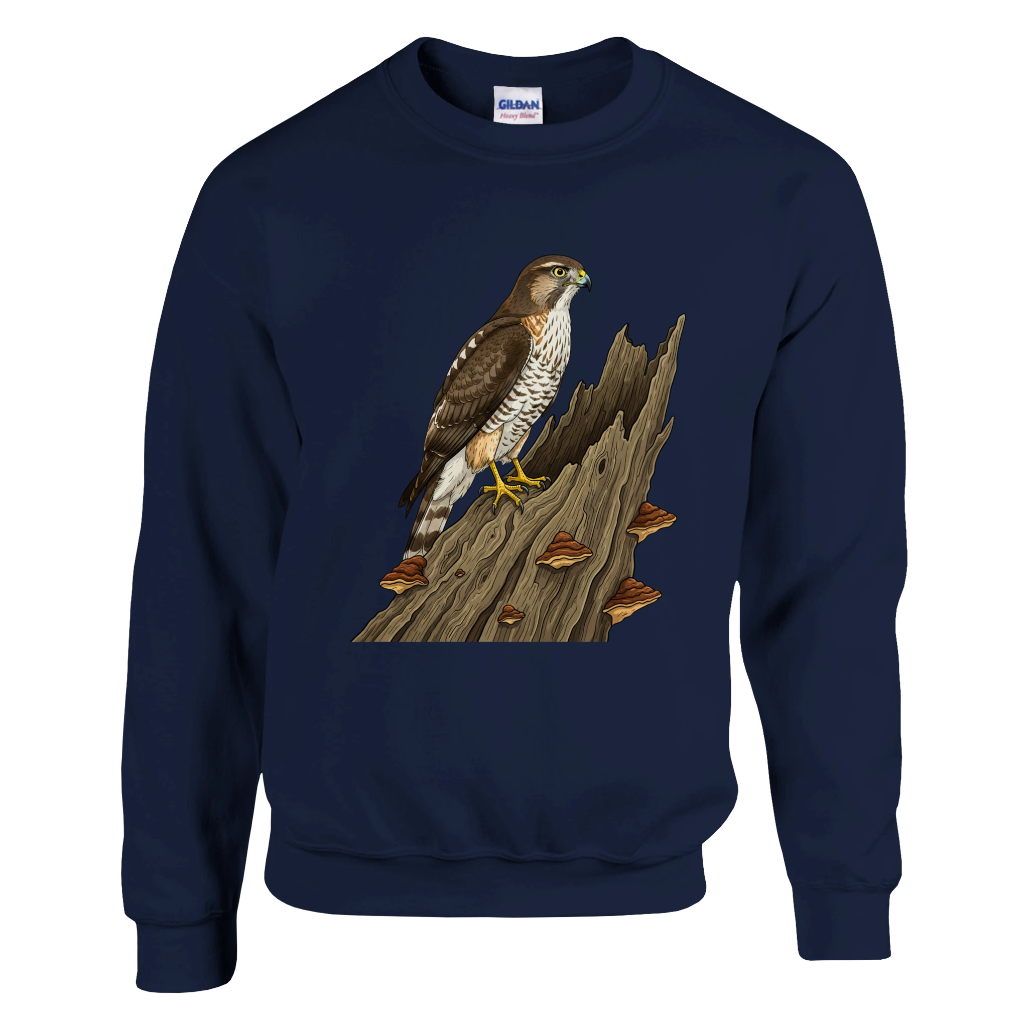Marine Habicht Pullover Gildan® 18000, Motiv Habicht auf altem Baumstamm groß mittig vorne