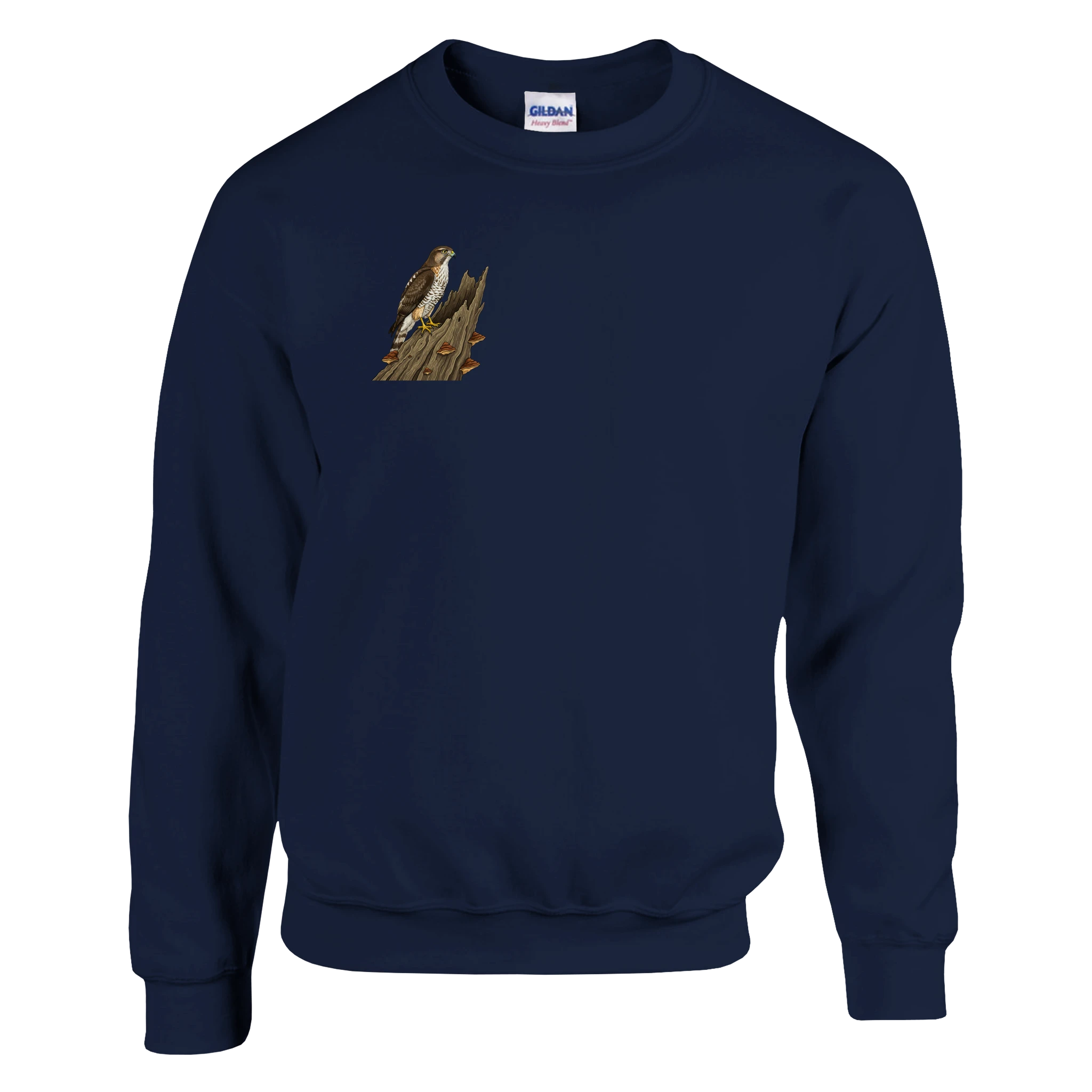 Marine Habicht Pullover Gildan® 18000, Motiv Habicht auf altem Baumstamm klein auf der Brust rechts