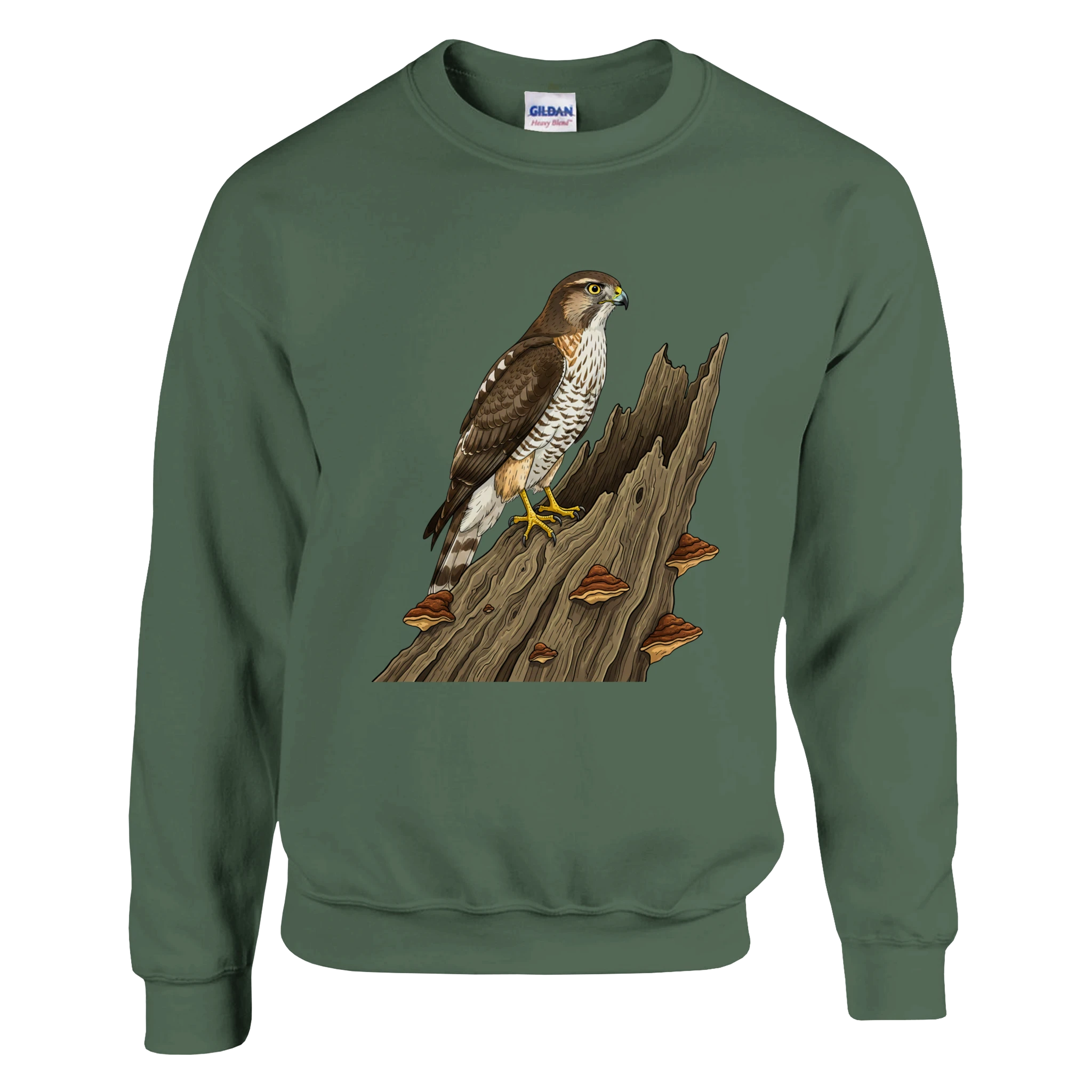 Military Green Habicht Pullover Gildan® 18000, Motiv Habicht auf altem Baumstamm groß mittig vorne