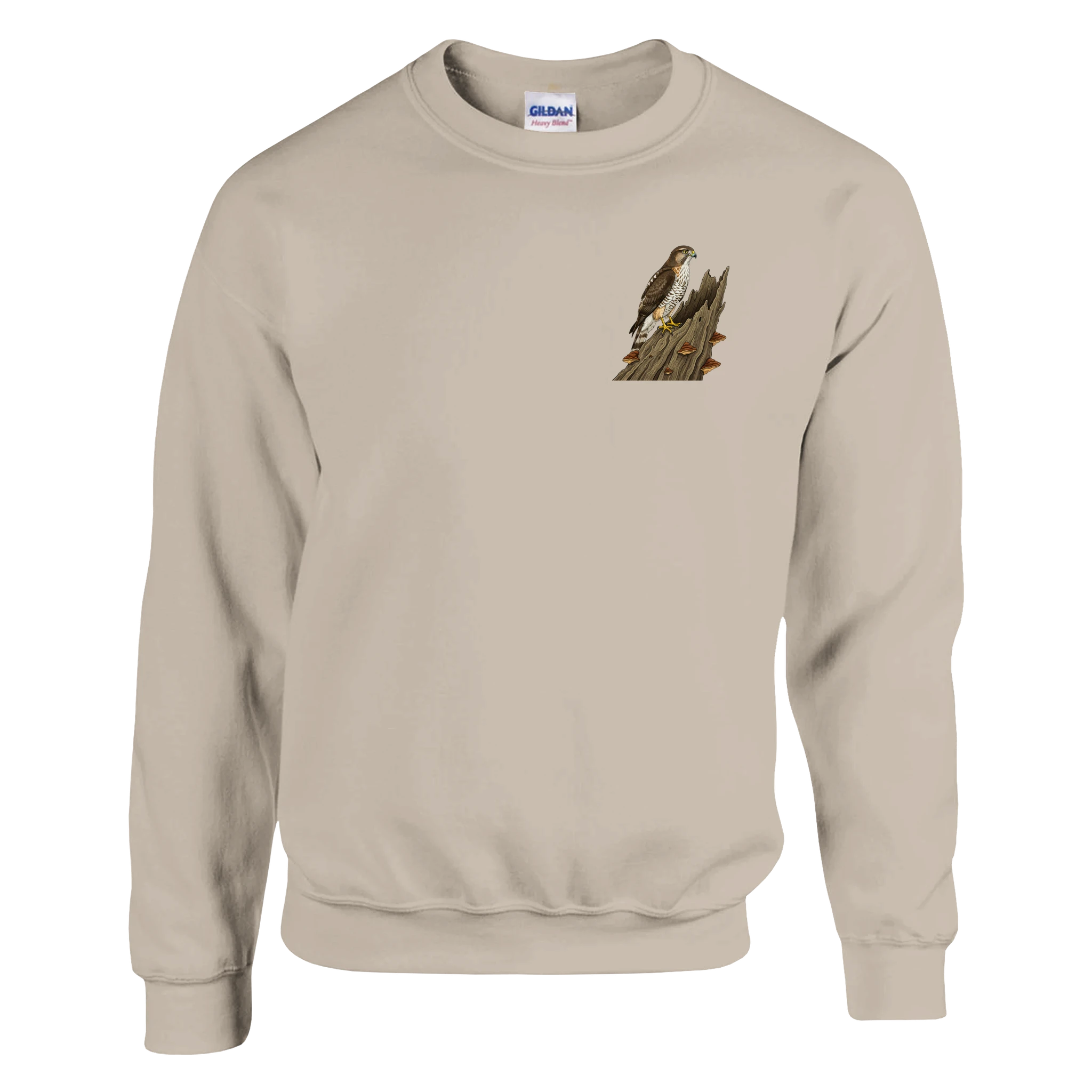 Sand Habicht Pullover Gildan® 18000, Motiv Habicht auf altem Baumstamm klein auf der Brust links