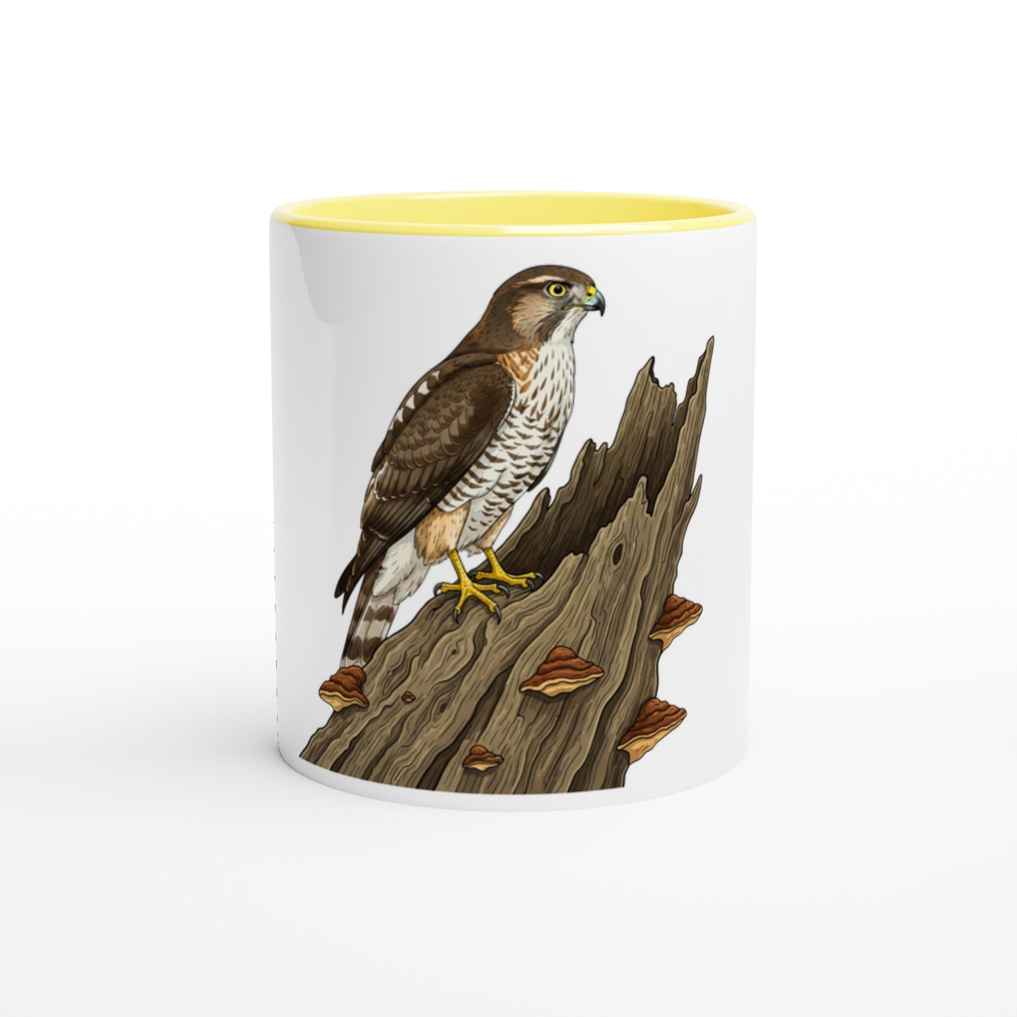 Keramikgelb Habicht Keramiktasse, Motiv Habicht auf altem Baumstamm groß mittig auf der Vorderseite, spülmaschinenfest, Farbrand