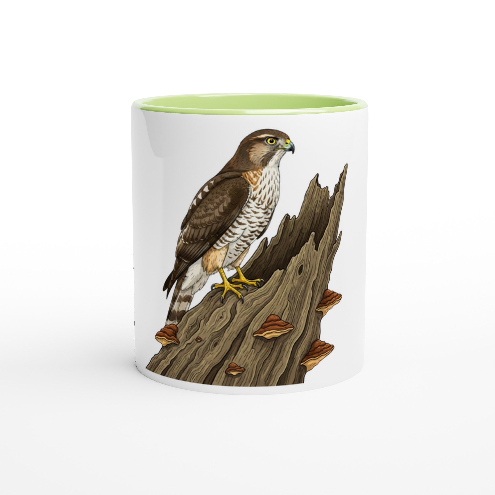 Keramikgrün Habicht Keramiktasse, Motiv Habicht auf altem Baumstamm groß mittig auf der Vorderseite, spülmaschinenfest, Farbrand