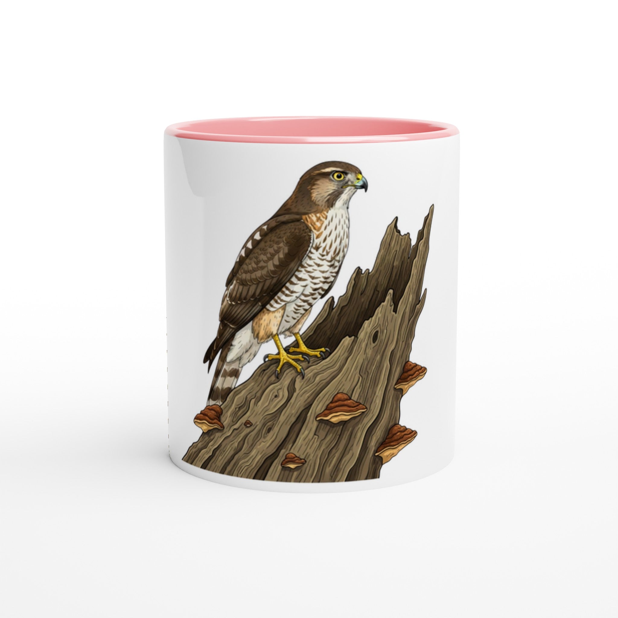 Keramikrosa Habicht Keramiktasse, Motiv Habicht auf altem Baumstamm groß mittig auf der Vorderseite, spülmaschinenfest, Farbrand