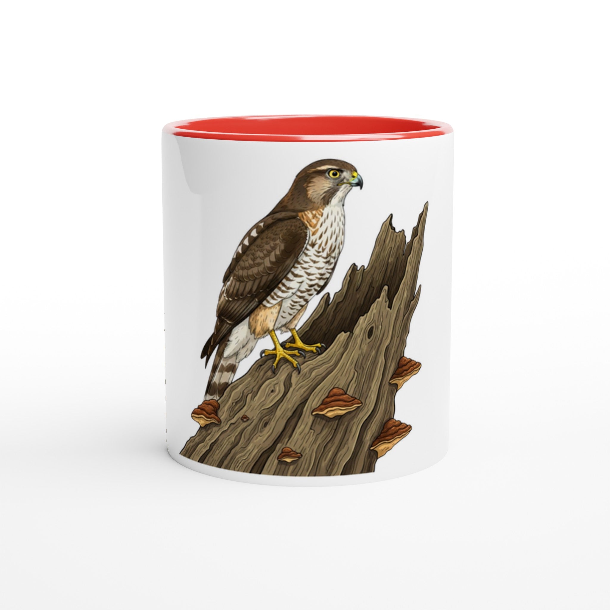 Keramikrot Habicht Keramiktasse, Motiv Habicht auf altem Baumstamm groß mittig auf der Vorderseite, spülmaschinenfest, Farbrand