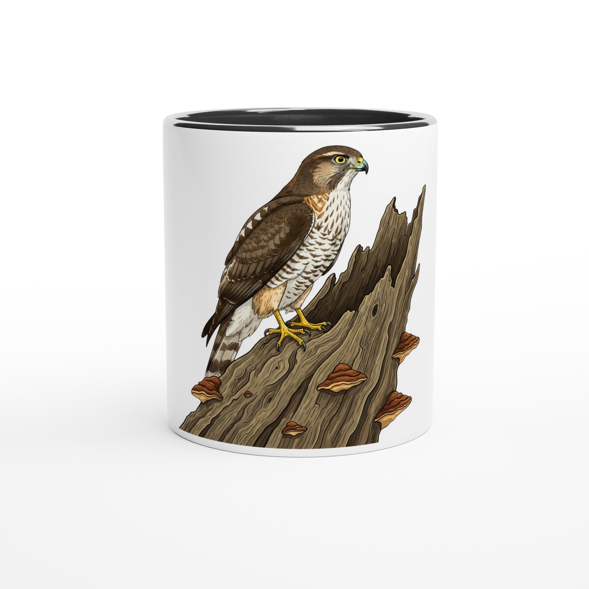 Keramikschwarz Habicht Keramiktasse, Motiv Habicht auf altem Baumstamm groß mittig auf der Vorderseite, spülmaschinenfest, Farbrand