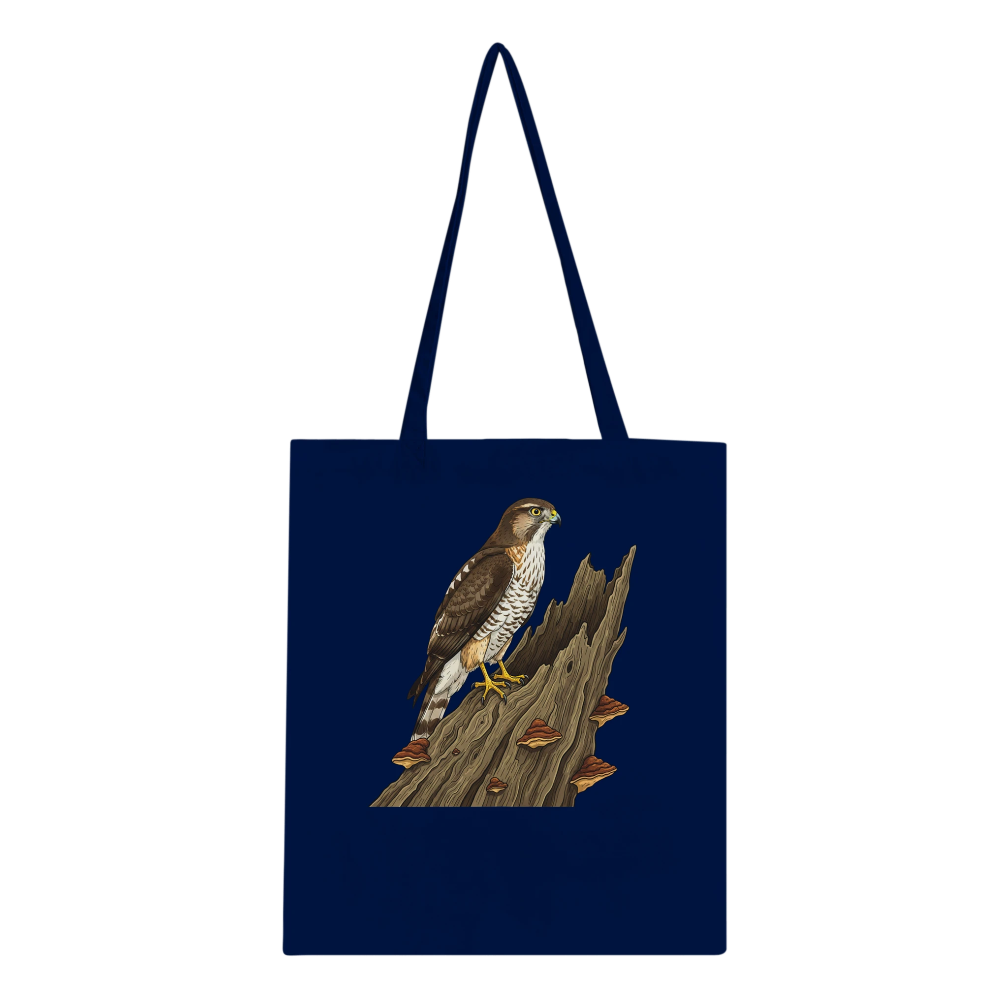 Marineblaue Habicht Baumwolltragetasche 10 L, Motiv Habicht auf altem Baumstamm  mittig groß