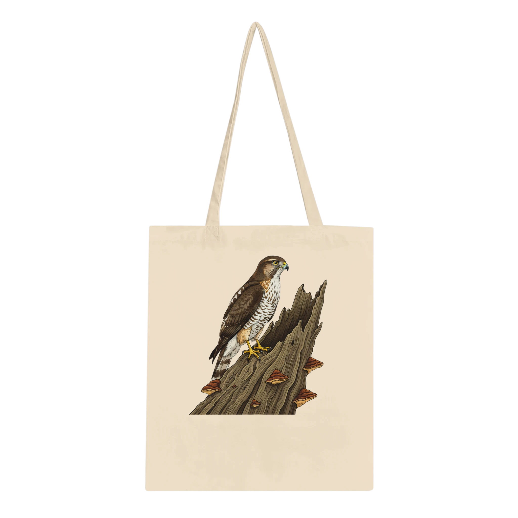 Naturale Habicht Baumwolltragetasche 10 L, Motiv Habicht auf altem Baumstamm mittig groß