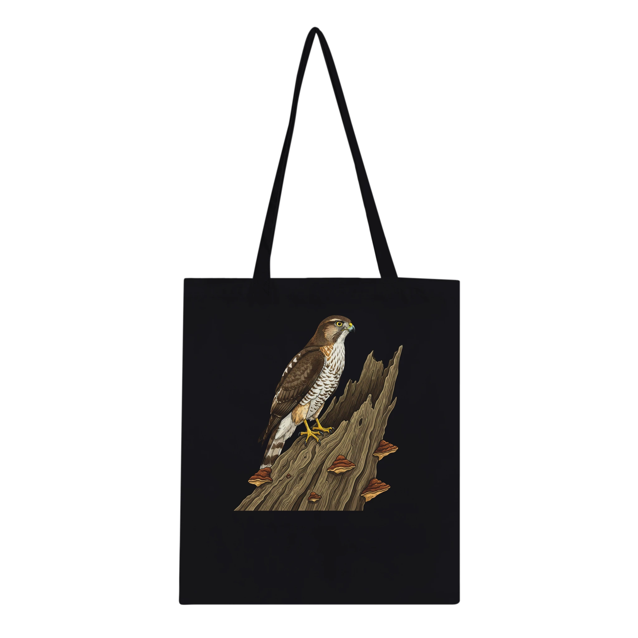 Schwarze Habicht Baumwolltragetasche 10 L, Motiv Habicht auf altem Baumstamm mittig groß