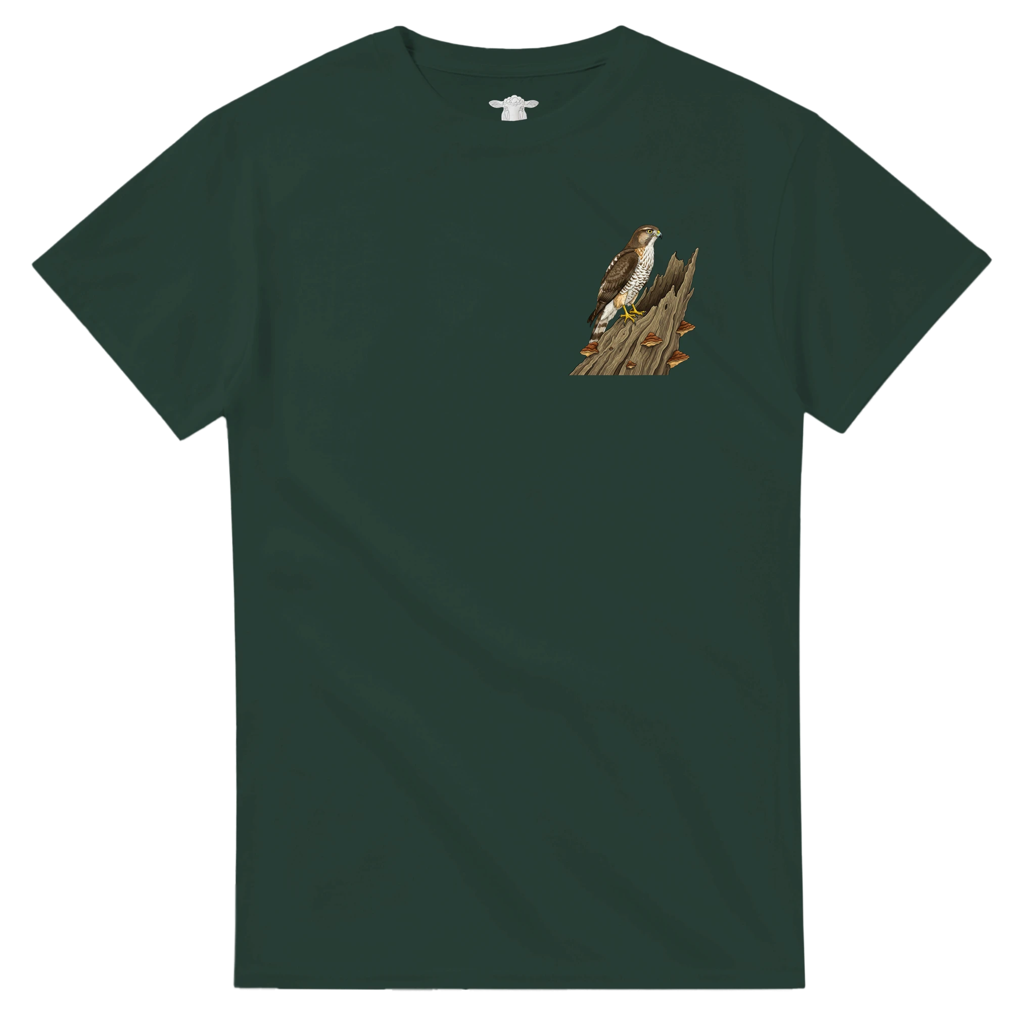 Forest Green Habicht T-Shirt Gildan 5000,  Motiv Habicht auf altem Baumstamm  links klein