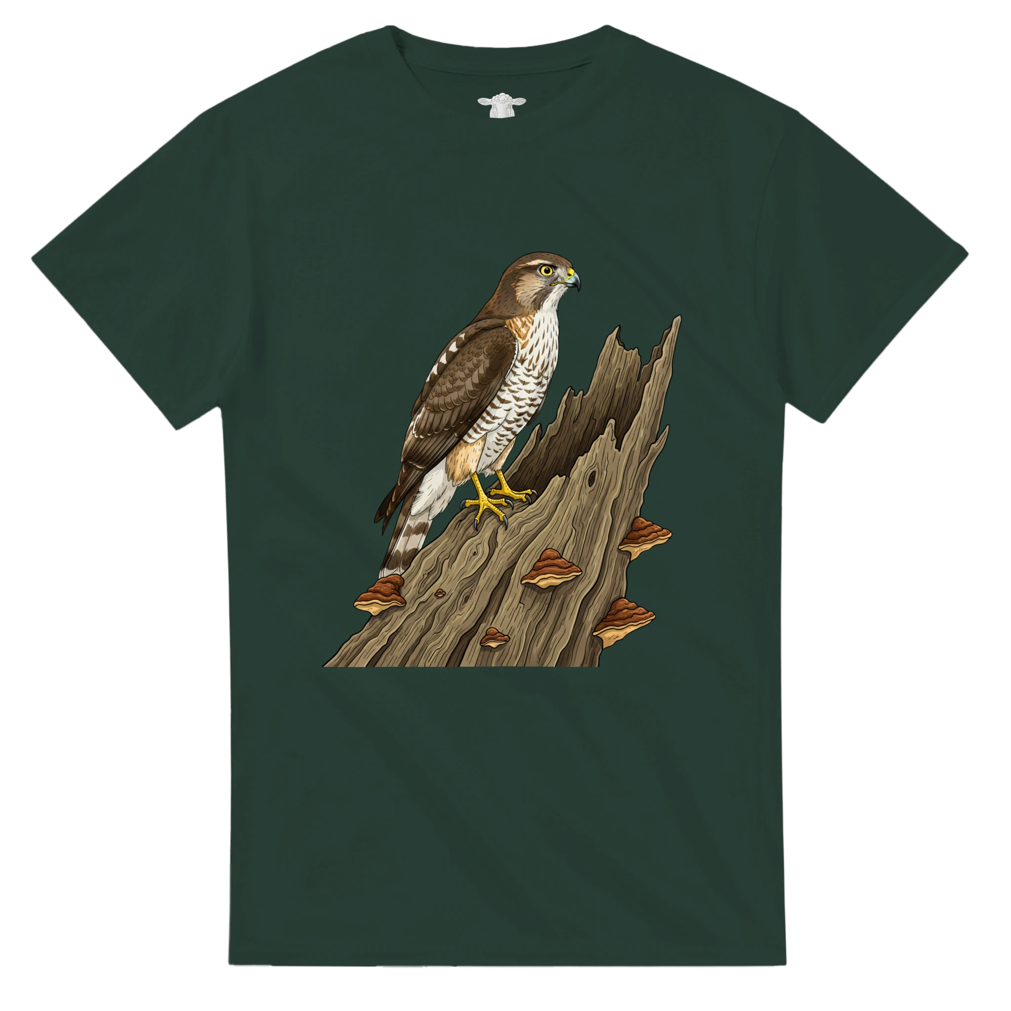 Forest Green Habicht T-Shirt Gildan 5000, Motiv Habicht auf altem Baumstamm  mittig groß