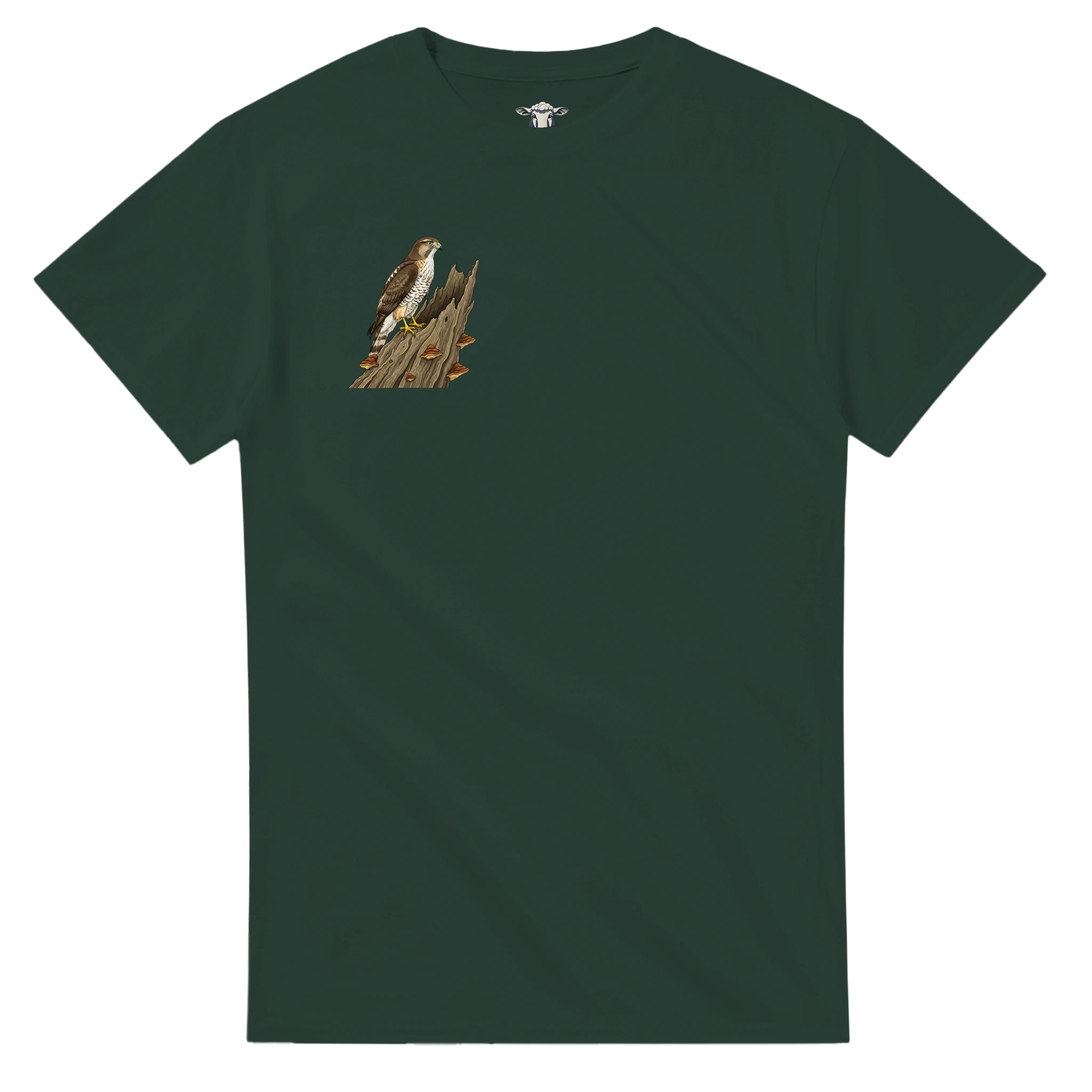 Forest Green Habicht T-Shirt Gildan 5000, Motiv Habicht auf altem Baumstamm   rechts klein