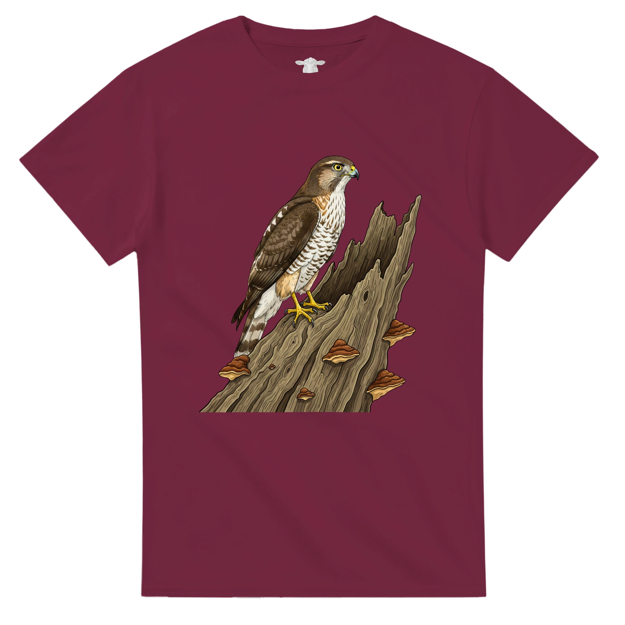 Kastanienbraun Habicht T-Shirt Gildan 5000, Motiv Habicht auf altem Baumstamm  mittig groß