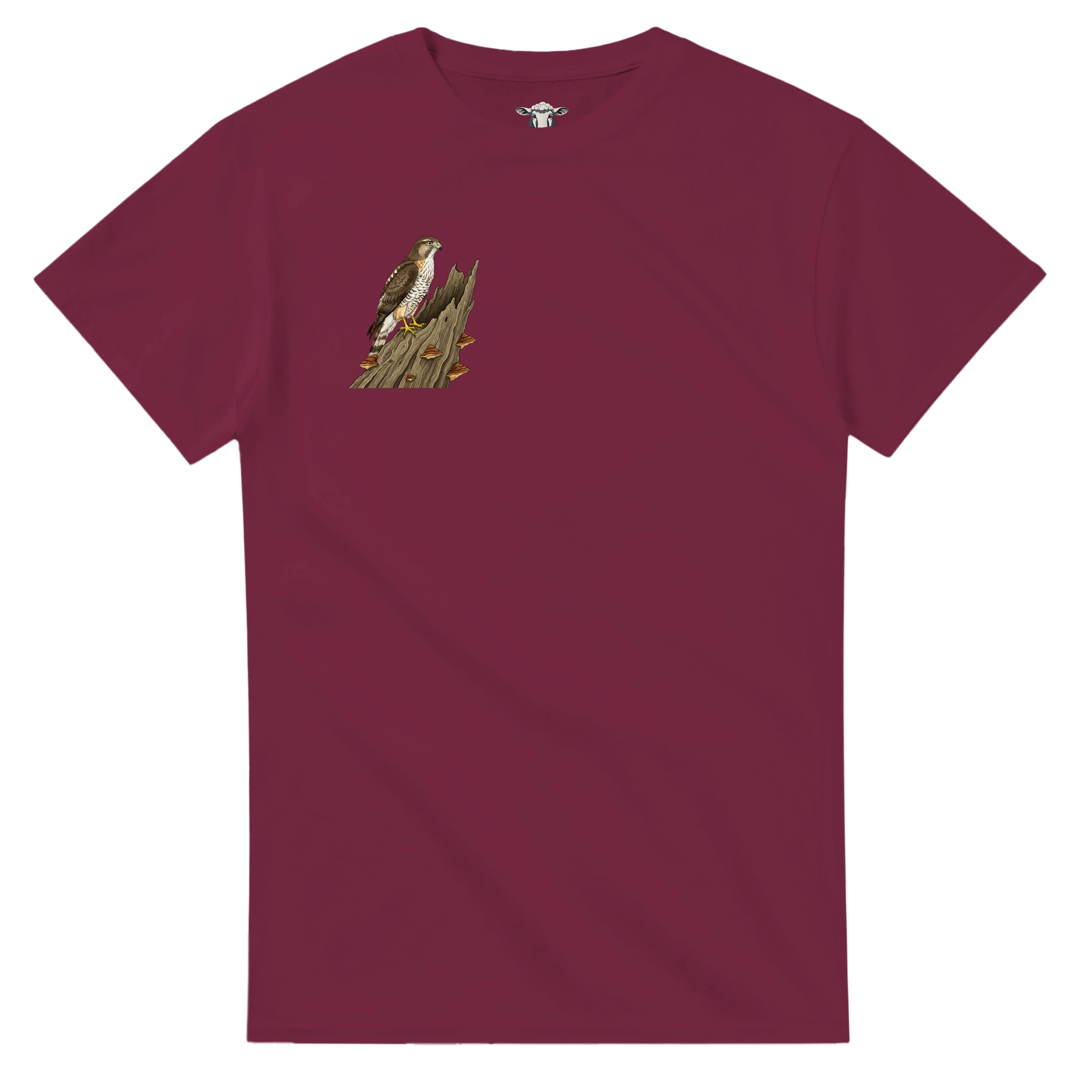 Kastanienbraun Habicht T-Shirt Gildan 5000, Motiv Habicht auf altem Baumstamm  rechts klein