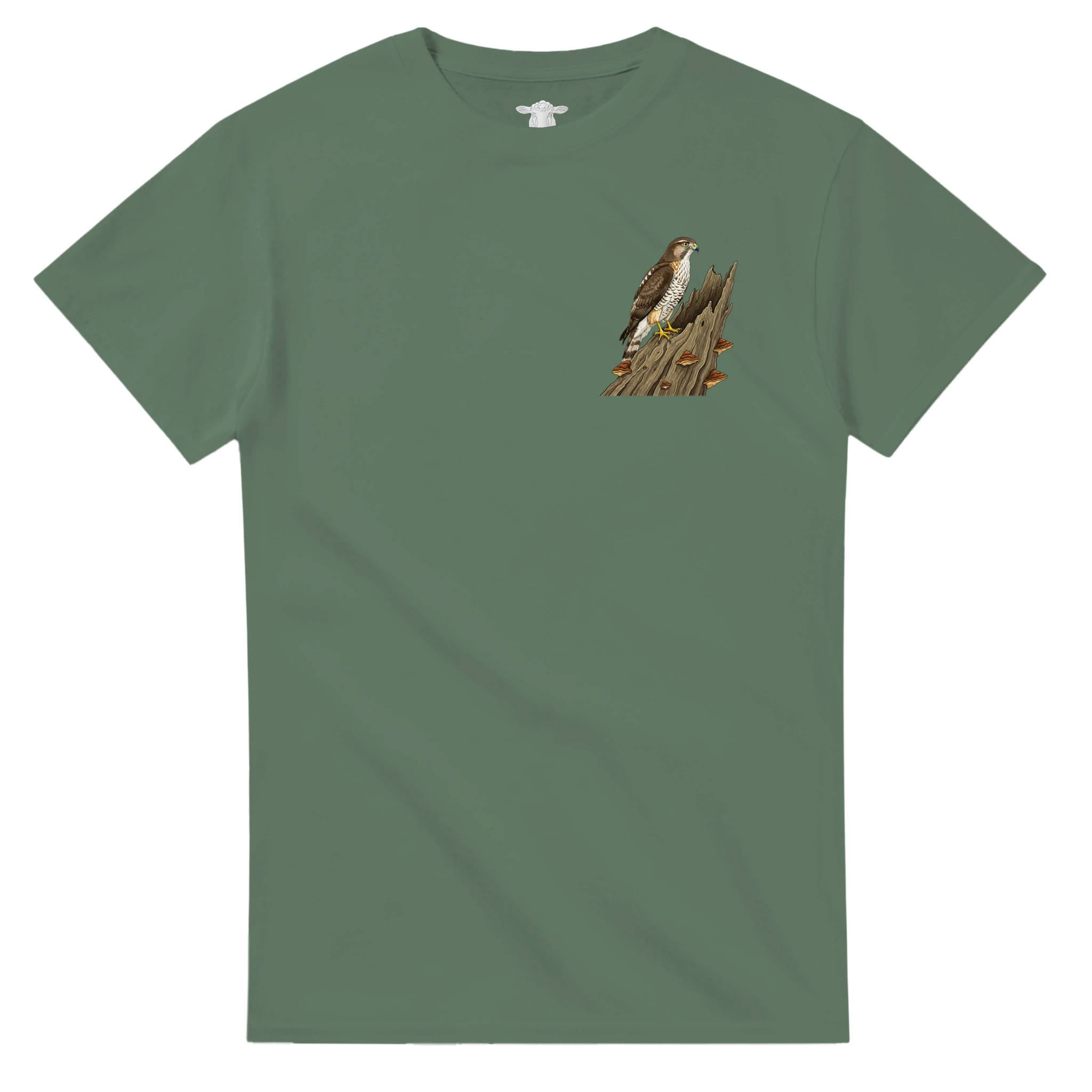 Military Green Habicht T-Shirt Gildan 5000, Motiv Habicht auf altem Baumstamm links klein
