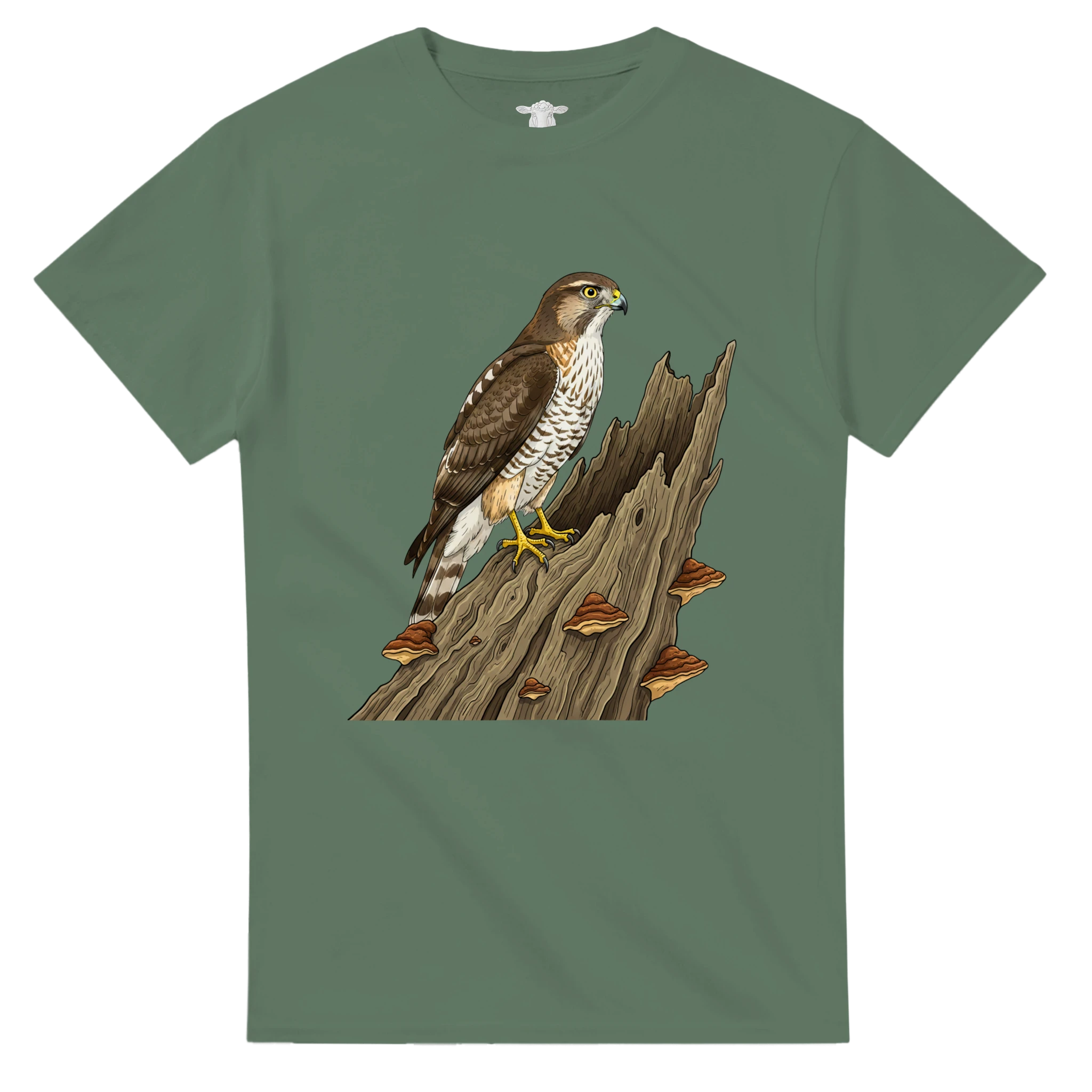 Military Green Habicht T-Shirt Gildan 5000,Motiv Habicht auf altem Baumstamm mittig groß