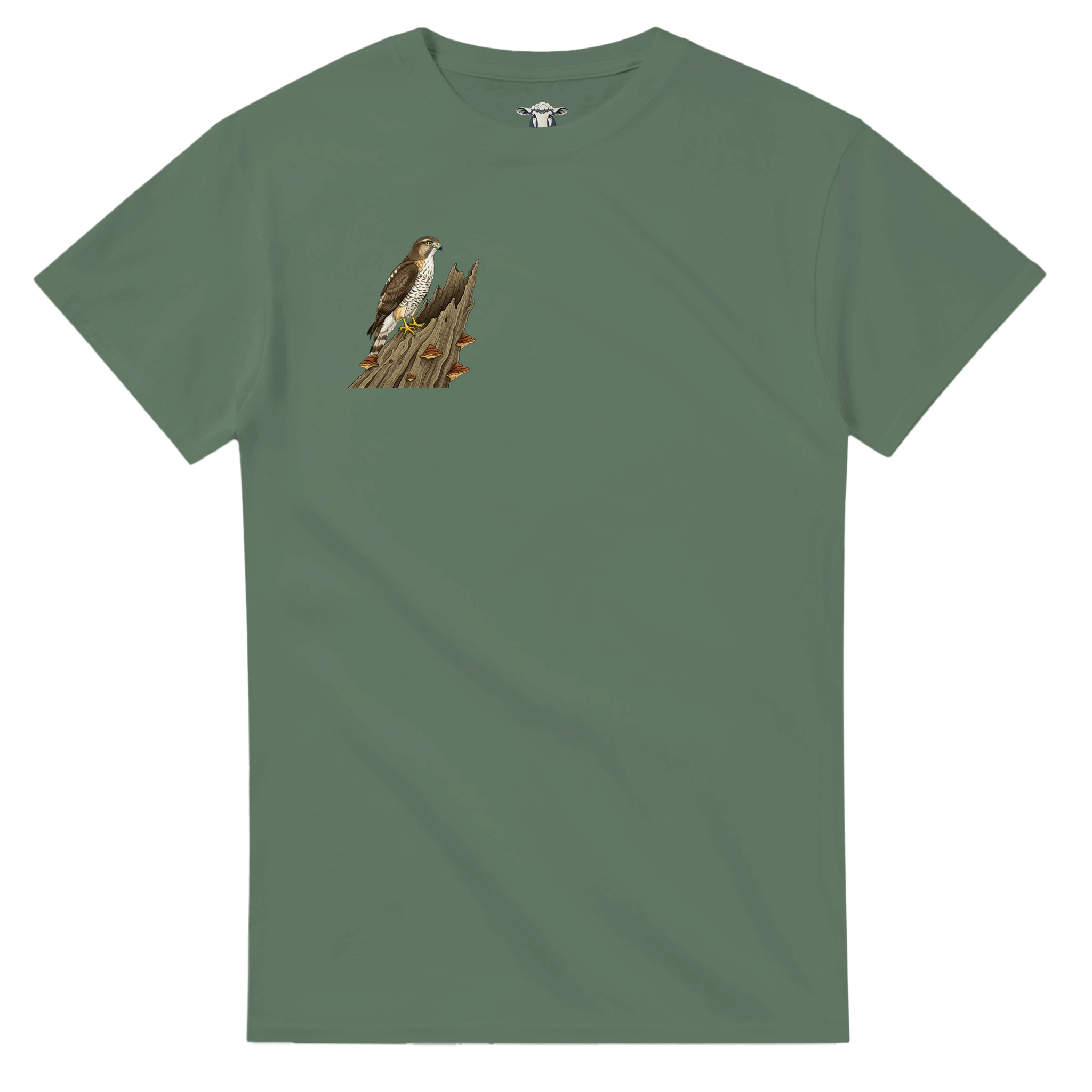 Military Green Habicht T-Shirt Gildan 5000, Motiv Habicht auf altem Baumstamm rechts klein